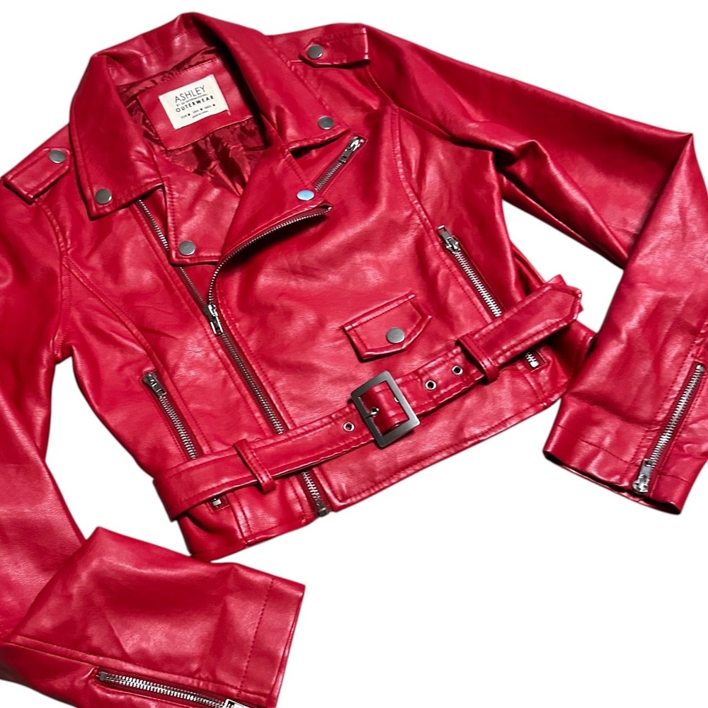 Ashley Moto Jacket Women Medium Red Excellent Faux Leather 80s Retro Biker